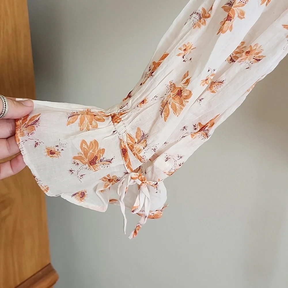 Free People Rust Cream Ruffled Wrap Blouse Boho Womens Large